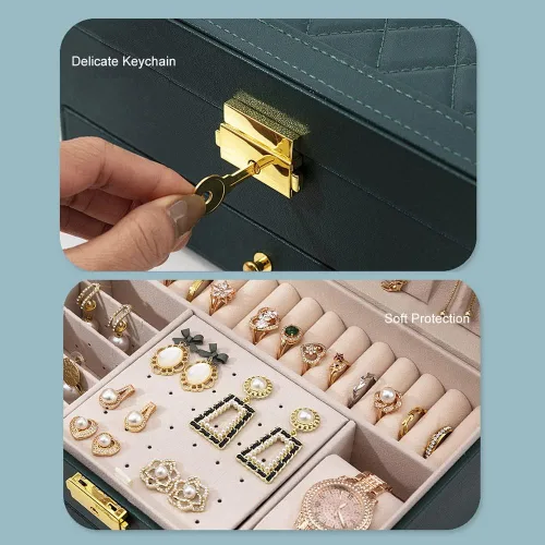 Miniatura 6 de GUOER Joyero para mujer, niña, esposa, grande, de piel sintética, organizador de joyas, con dos capas, para aretes, pulseras, anillos, relojes