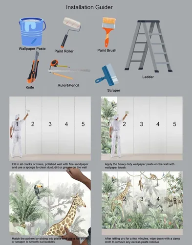 Miniatura 5 de Pegatinas de pared de animales de selva de plantas verdes tropicales, murales de pared personalizados para dormitorios, salas de estar, oficinas