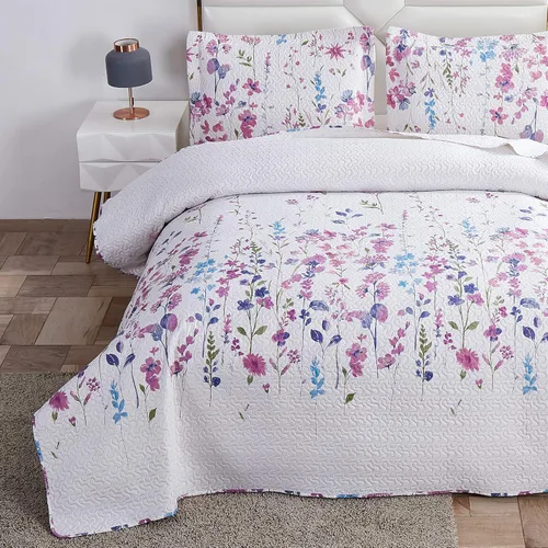 Juego de cama de verano ligero y delgado con diseño floral de tamaño Queen/Full, conjunto de colcha y cubrecama botánico con flores lila, color