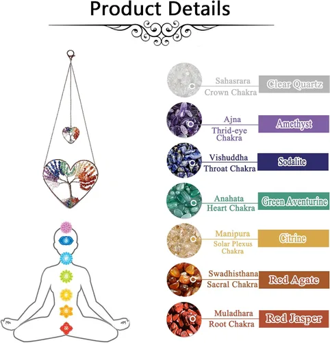 Miniatura 4 de JOVIVI Adorno colgante de árbol de la vida de doble corazón, 7 chakras, reiki, cristales curativos, piedras preciosas de meditación, colgador