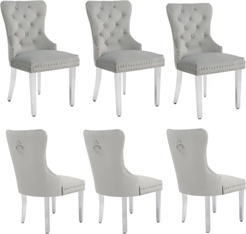 Miniatura 13 de adochr Juego de 2 sillas de comedor de terciopelo, sillas de comedor tapizadas acolchadas con anillo de tracción y patas de acero inoxidable, beige