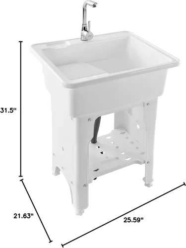 Miniatura 9 de Fregadero de plástico independiente con grifo frío caliente, lavabo blanco con tabla de lavadero, fregaderos de bañera de utilidad para interiores