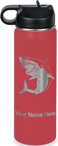 Miniatura 9 de LaserGram Botella de agua personalizada, gran tiburón blanco, acero inoxidable de doble pared aislada al vacío con popote superior, regalo grabado