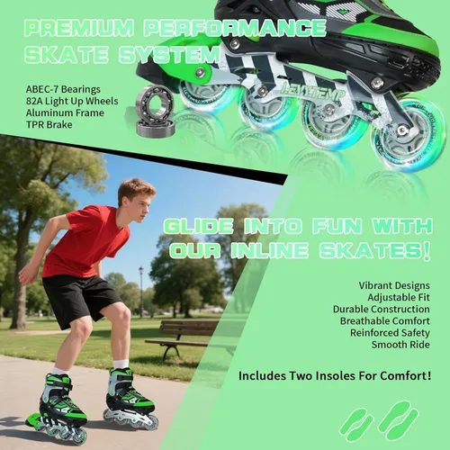 Miniatura 5 de Patines en línea ajustables para niños y adultos, patines al aire libre para principiantes con todas las ruedas iluminadas para niñas, niños, Verde