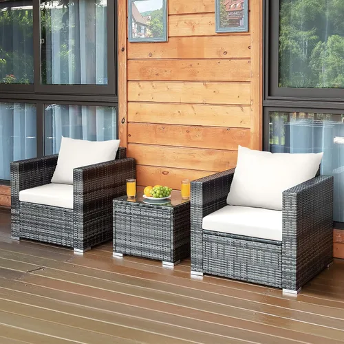Miniatura 2 de HAPPYGRILL Juego de 3 piezas de sofá de mimbre de ratán al aire libre con mesa auxiliar, juego de muebles de patio con cojines suaves para balcón