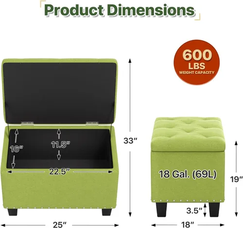 Miniatura 3 de MoNiBloom Banco otomano de 24 pulgadas con almacenamiento para dormitorio, banco contemporáneo de lino verde copetudo, reposapiés, taburete otomano