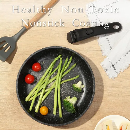 Miniatura 4 de ESLITE LIFE Juego de sartenes antiadherentes de cerámica con tapas y mango desmontable, sartenes de cocina no tóxicas para tortilla de huevo, Negro