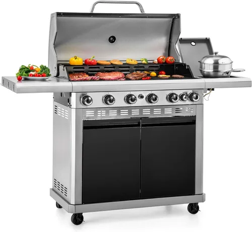 Sophia & William Parrilla de barbacoa de gas propano de 6 quemadores con quemador lateral y rejillas de hierro fundido esmaltado de porcelana, combo