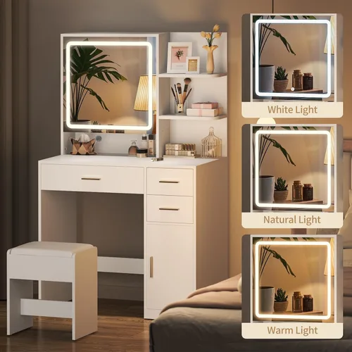 Miniatura 5 de Escritorio de tocador con espejo y luces, escritorio de maquillaje con cajones y gabinete, tocadores con silla tapizada, mesa de maquillaje blanca