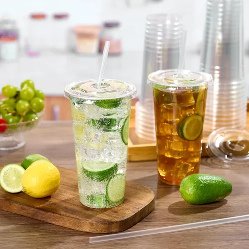 Miniatura 4 de Turbo Bee - 25 juegos de vasos de plástico transparente de 32 oz con tapas y popotes desechables para llevar, vasos con tapas para café helado