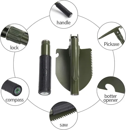 Miniatura 2 de Pala plegable de jardinería, pala militar para campamento, equipo de supervivencia, herramienta de enganche con bolsa de transporte, mango de metal