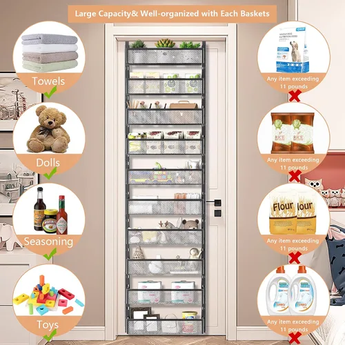 Miniatura 7 de Organizador de despensa de 10 niveles sobre la puerta con cestas de malla, estante colgante para especias ajustable y estable para cocina, baño