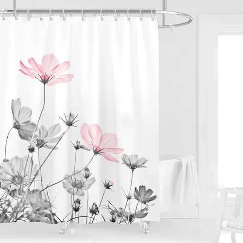 Miniatura 8 de Cortina de ducha de 72" x 72" con flores grises y rosas, gris y blanco, flores silvestres, margaritas, plantas, pintura de tinta, botánica