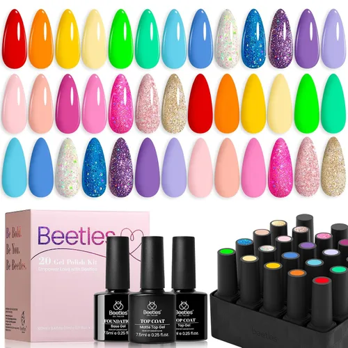 Miniatura 25 de beetles colección “Pastel Paradise” - Kit de 20 esmaltes de uñas en gel con 3 frascos de capa superior brillantina y mate y capa base, tonos
