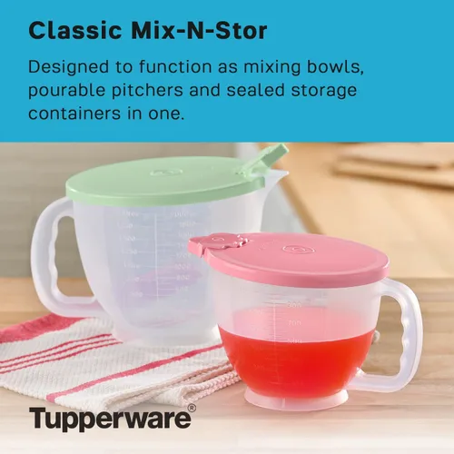 Miniatura 9 de Set de jarras Tupperware Classic Mix-N-Store en verde menta y rosa caramelo, apto para lavavajillas y sin BPA (2 tazones, 2 tapas)