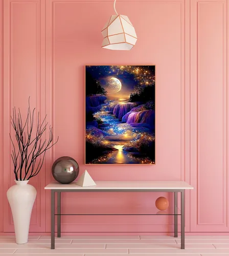 Miniatura 4 de KINPLUB Kits de Pintura de Diamante 5D para Adultos, Kits de Arte de Diamante de Cascada Lunar para Principiantes, Pintura de Paisaje Lunar