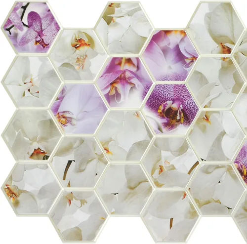 Dundee Deco PG7029 Mosaico de orquídea hexagonal de imitación de color morado y blanco, 3.2 pies x 1.6 pies, panel de pared 3D de PVC, decoración de