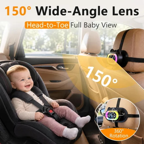 Miniatura 6 de Wkzay Cámara de Coche para Bebé para Asiento Trasero – HD 1080P, Ángulo Amplio de 150°, Visión Nocturna, Fácil Instalación, Luz LED Ajustable