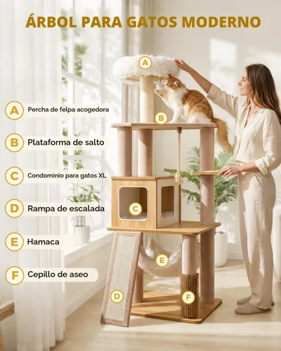 Miniatura 2 de Torre moderna de árbol para gatos de interior de 61 pulgadas, torre de escalada de lujo con salón de felpa, condominios para gatitos, hamaca