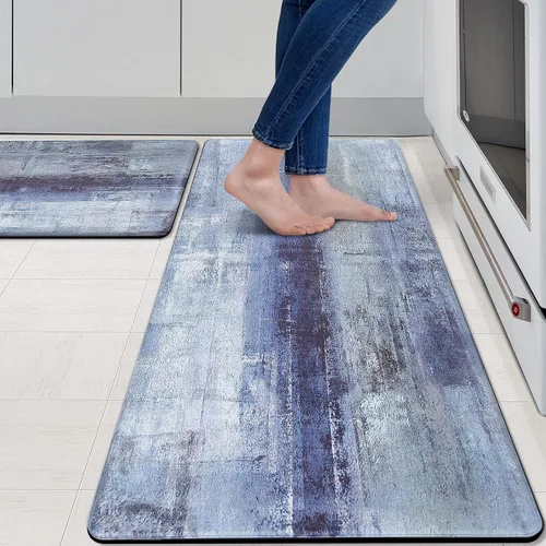MAYHMYO Juego de 2 tapetes de cocina antifatiga, diseño de mármol y azul, alfombrillas acolchadas y antideslizantes