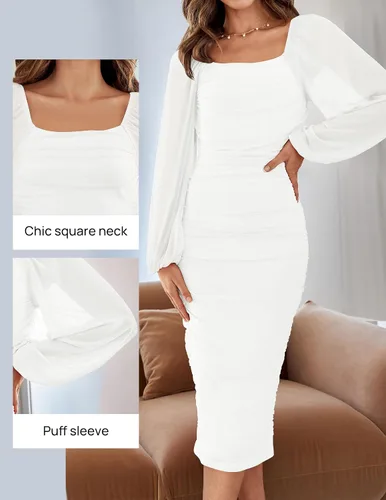 Miniatura 3 de ZESICA Vestido midi sexy y fruncido para mujer 2024, manga larga, cuello cuadrado, espalda descubierta, cóctel, fiesta, boda