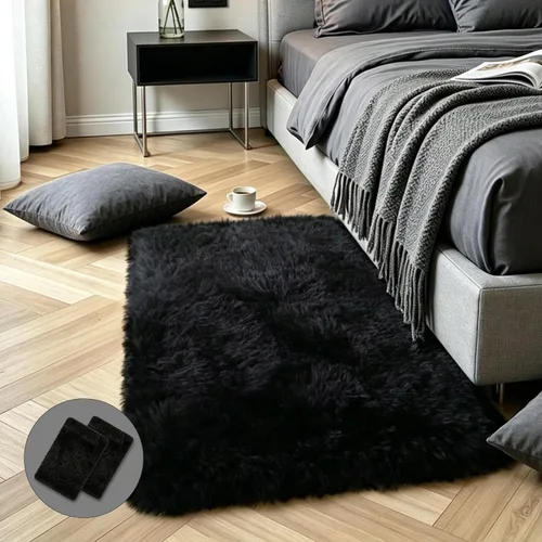 Miniatura 23 de KICHOWUA - Tapete grueso y esponjoso de 3 x 5 pies, color negro, ultrasuave, lavable, antideslizante, acogedor y peludo, para sala, dormitorio