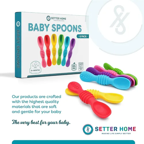 Miniatura 7 de Juego de cucharas de silicona prémium para bebés, cucharas para bebés y niños pequeños, utensilios de destete masticables para bebés de primera