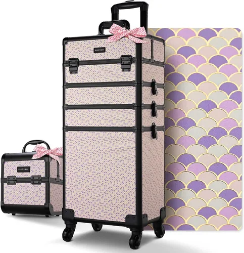 Miniatura 62 de BYOOTIQUE estuche rodante para maquillaje 4 en 1, con cerradura, maletín tipo trolley para cosméticos, con 4 ruedas extraíbles, organizador de viaje