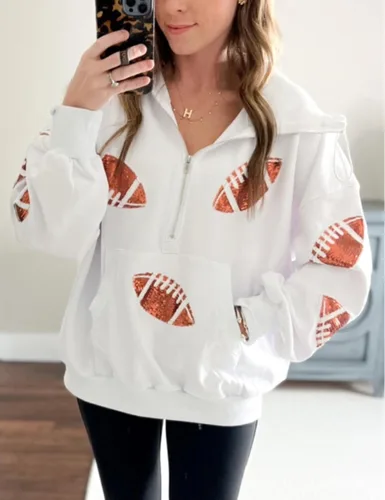 Miniatura 3 de SeekMe Sudaderas con capucha de lentejuelas para mujer, para el día del partido, suéteres de manga larga con cremallera y bolsillo