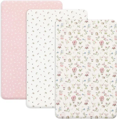 Miniatura 23 de PHF 3 paquetes de sábanas de cuna suaves, sábanas bajeras florales rosa transpirables y cómodas para niñas, ajuste universal sin deslizamiento