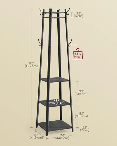 Miniatura 6 de VASAGLE Perchero con 3 estantes, árbol de pasillo independiente con ganchos para bufandas, bolsos, paraguas, marco de acero, estilo industrial