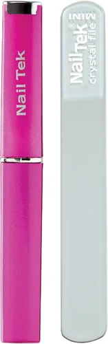 Nail Tek Lima de cristal – Lima de uñas de cristal con estuche, duradera y suave para uñas naturales, diseño fácil de viajar, fucsia, mini 3 pulgadas