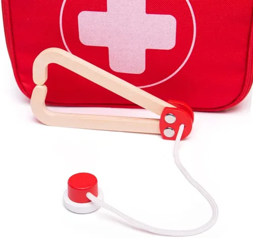 Miniatura 6 de Bigjigs Toys Juego de médicos para niños, juego de médicos de madera de 10 piezas con estetoscopio para niños, termómetro, medicina y más en estuche