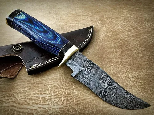 Miniatura 10 de Cuchillo de hoja fija de acero de Damasco con funda de cuero, escala de madera redonda con protector de dedo de latón y tapa, cuchillo de piel de 8