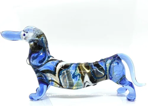 Figuras en miniatura de perro salchicha soplado a mano, arte de animales coleccionables, regalo para decoración del hogar (4 pulgadas, azul negro)