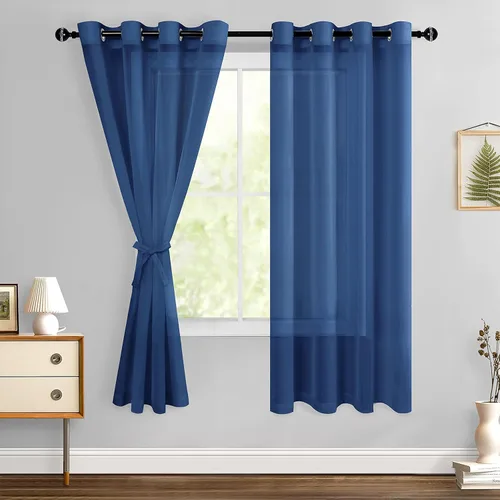Miniatura 67 de Hiasan - Cortinas traslúcidas de gasa cortas semitransparentes con ojales y alzapaños filtrantes de luz para ventana, dormitorio, baño, 2 paneles