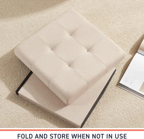Miniatura 7 de Ornavo Home Otomana plegable de almacenamiento de 15 pulgadas, taburete cuadrado pequeño de almacenamiento, banco de dormitorio, color beige