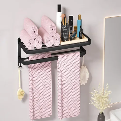 Miniatura 5 de Toalleros Negros de 15 Pulgadas para Baño con Barras Dobles para Toallas, Soporte de Montaje en Pared de Lavabo con Ganchos, Estante de Baño