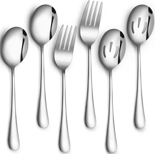 Patelai El juego de 6 cucharas de servir incluye 4 cucharas ranuradas y 2 tenedores de acero inoxidable para bufé, cena restaurante para banquete de