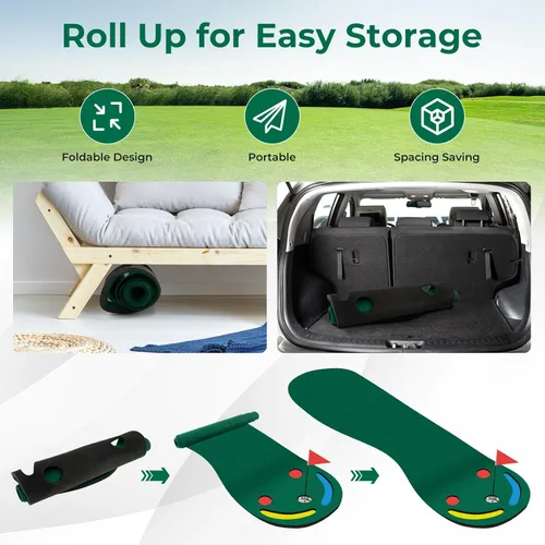 Miniatura 5 de Tangkula Alfombra de golf verde de 10 pies x 3 pies, tapete de golf para práctica en interiores y exteriores con 1 bandera, 3 tazas de putting