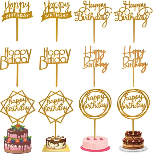 Miniatura 8 de Juego de 12 adornos para tartas de cumpleaños de varios estilos, decoración acrílica para tartas de cumpleaños, suministros de decoración de fiesta