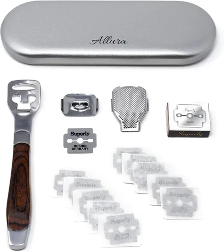 Allura Cuidado de los pies Pedicura Callos Cortador Rasp File Hard Skin Maíz Removedor de Maíz Mango de Madera 10 Cuchillas (Estuche Incluido)