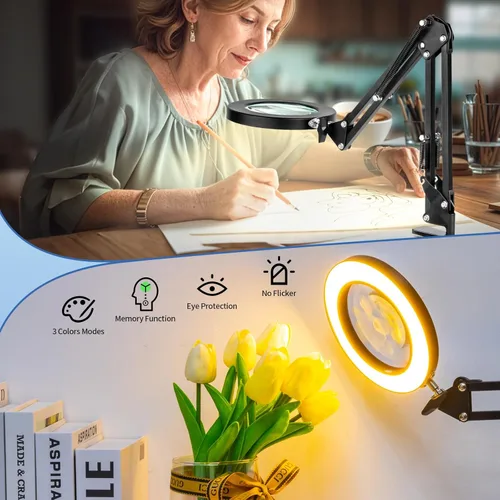 Miniatura 5 de HITTI Lupa de Aumento 10X con Luz y Soporte, Atenuación Continua 3 Modos de Color Lupa LED Iluminada, Lámpara de Escritorio Manos Libres