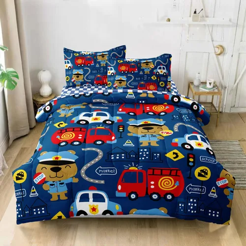 Juego de edredón de carro de policía para niños pequeños, juego de ropa de cama de camión de bomberos y carro de policía, colección de ropa de cama