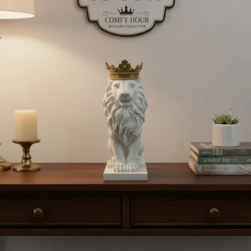 Miniatura 3 de Comfy Hour Estatua de león grande de 16 pulgadas con corona dorada, figura decorativa blanca felina para estante de oficina en casa, escultura