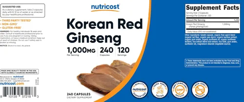 Miniatura 6 de Nutricost Ginseng coreano 500 mg, 240 cápsulas (2 botellas) – 1000 mg Tamaño de porción extra fuerte – Sin gluten y sin OMG