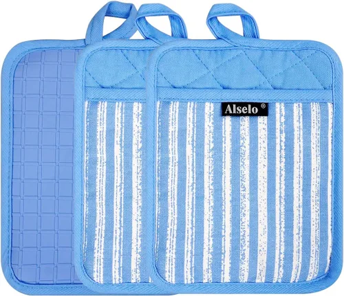 Miniatura 8 de Alselo Juego de 3 agarraderas de silicona resistentes al calor y antideslizantes, almohadillas calientes profesionales para horno con bolsillos