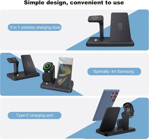 Miniatura 2 de Cargador inalámbrico para Samsung, estación de carga inalámbrica 3 en 1 para Samsung Galaxy S25/S24/S23/Z plegable/abatible, cargador rápido