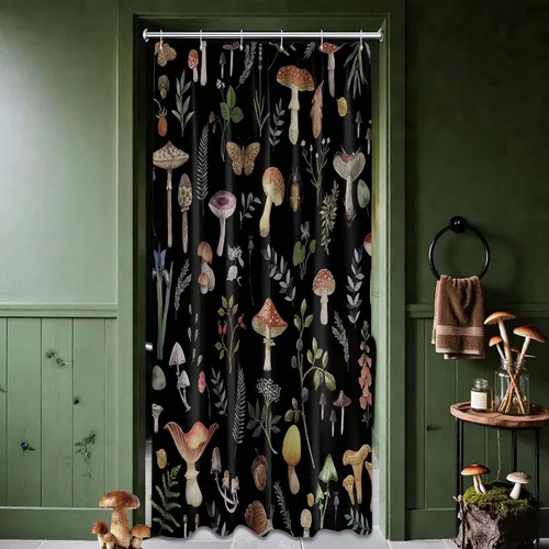 Cortina de ducha de hongos, bonito juego de cortinas de ducha de hongos negros para decoración de baño, tela de poliéster impermeable con ganchos,
