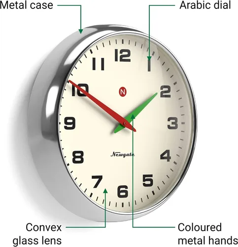 Miniatura 6 de NEWGATE® Superstore Reloj de pared Reloj de metal retro grande 16 pulgadas Acabado cromado Lente de vidrio convexo Pieza de diseño